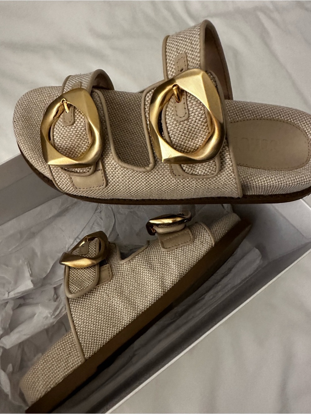 SCHUTZ Beige Canvas Double-Buckle Slide Sandals with Gold Buckles